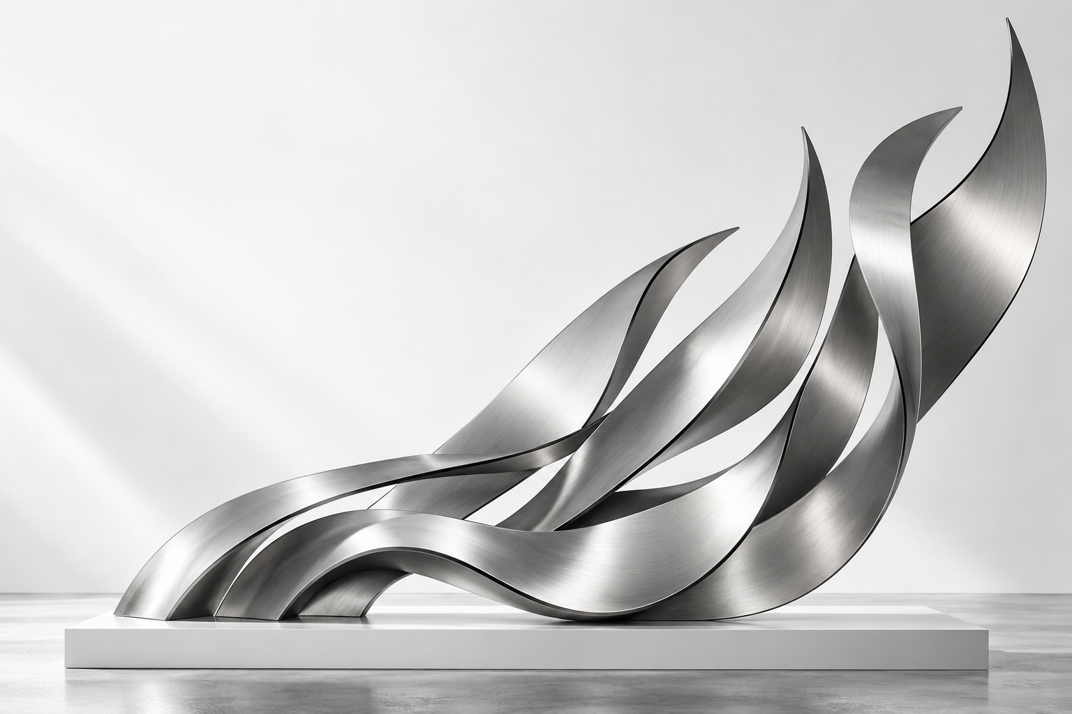 Three sculptural silver steps rising in a white studio
